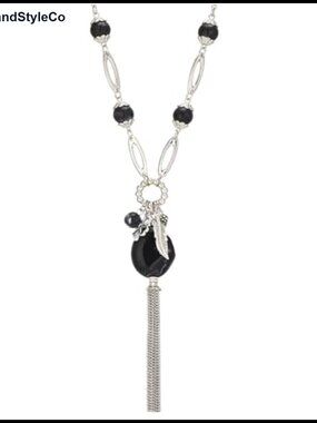 Long Chunky Pendant Necklace Silver Tassel Sweater Chain Beaded